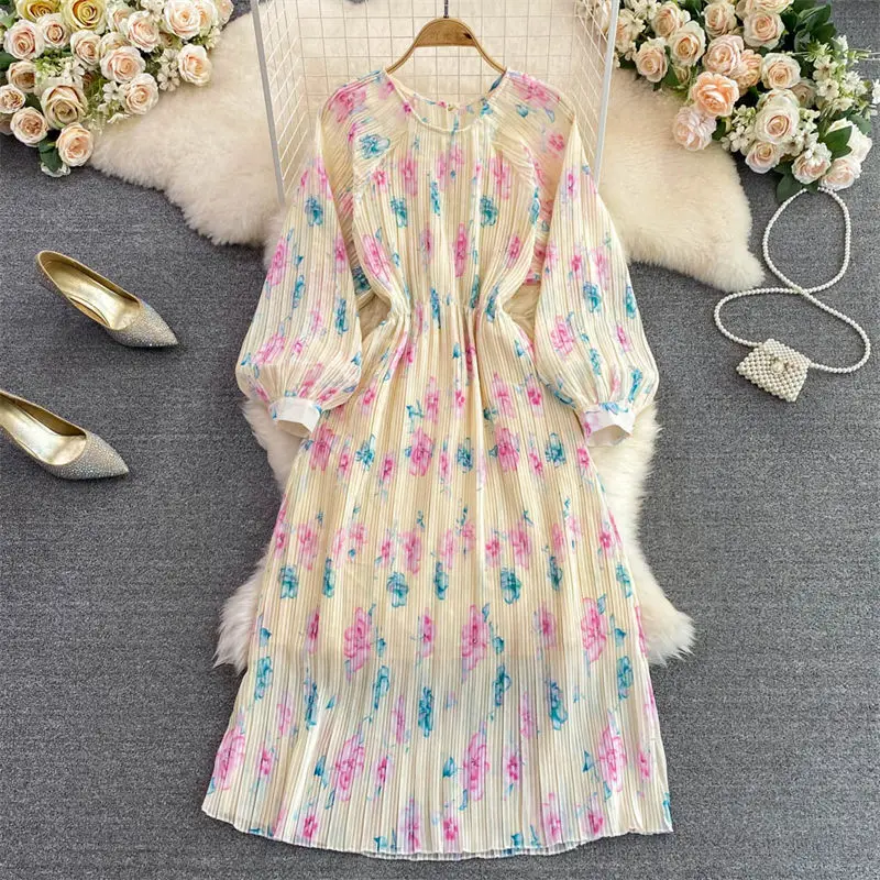 

French Retro Temperament O- Neck Bubble Long Sleeve A Line Dress Women Gentle Style Tunic + Sling Pleated Floral Dress Set T329