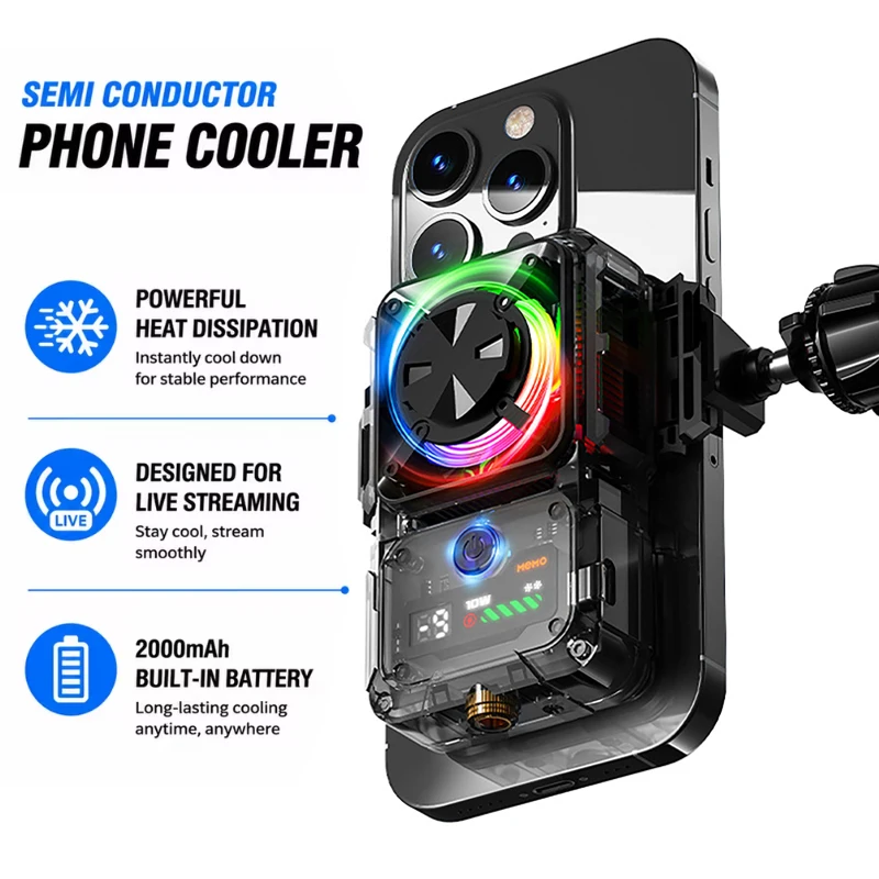 Semiconductor Phone Cooler with 2000mAh Battery Instant Cooling Fan for Gaming Digital Temperature Display Phone Radiator