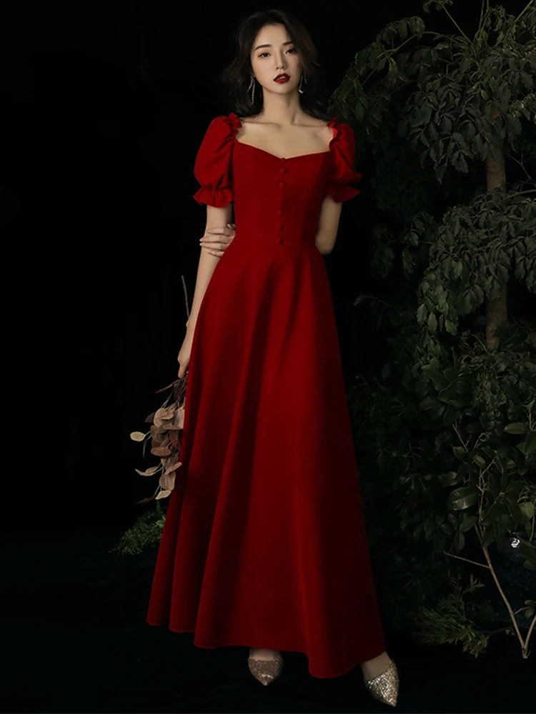 

Wine Red Wedding Dress Korean Style Short Sleeve Long Skirt Women's Fashionable Daily Wear Engagement Party Bridal Gown