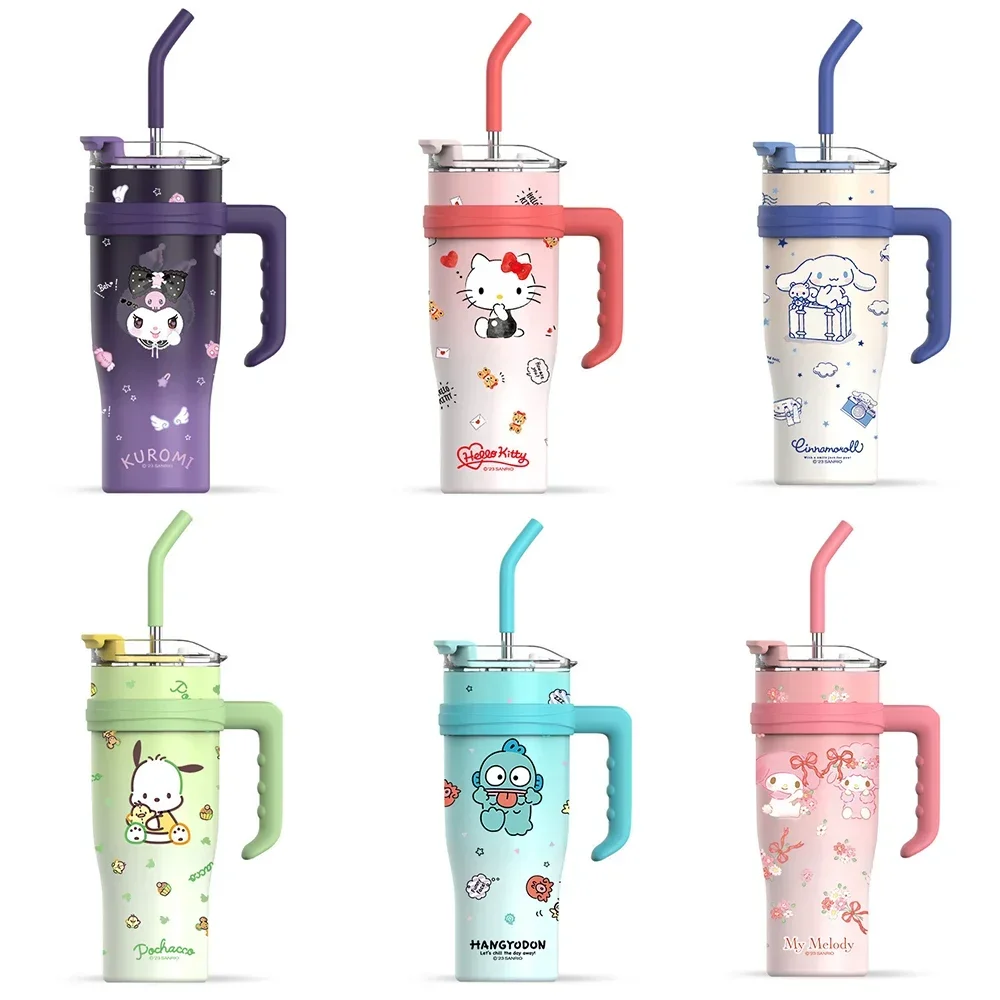 1200ml Sanrio Thermos Bottle Cold Ice Cute Hello Kitty Kuromi Cinnamoroll Melody Stainless Steel Water Bottle Tumbler Straw Gift