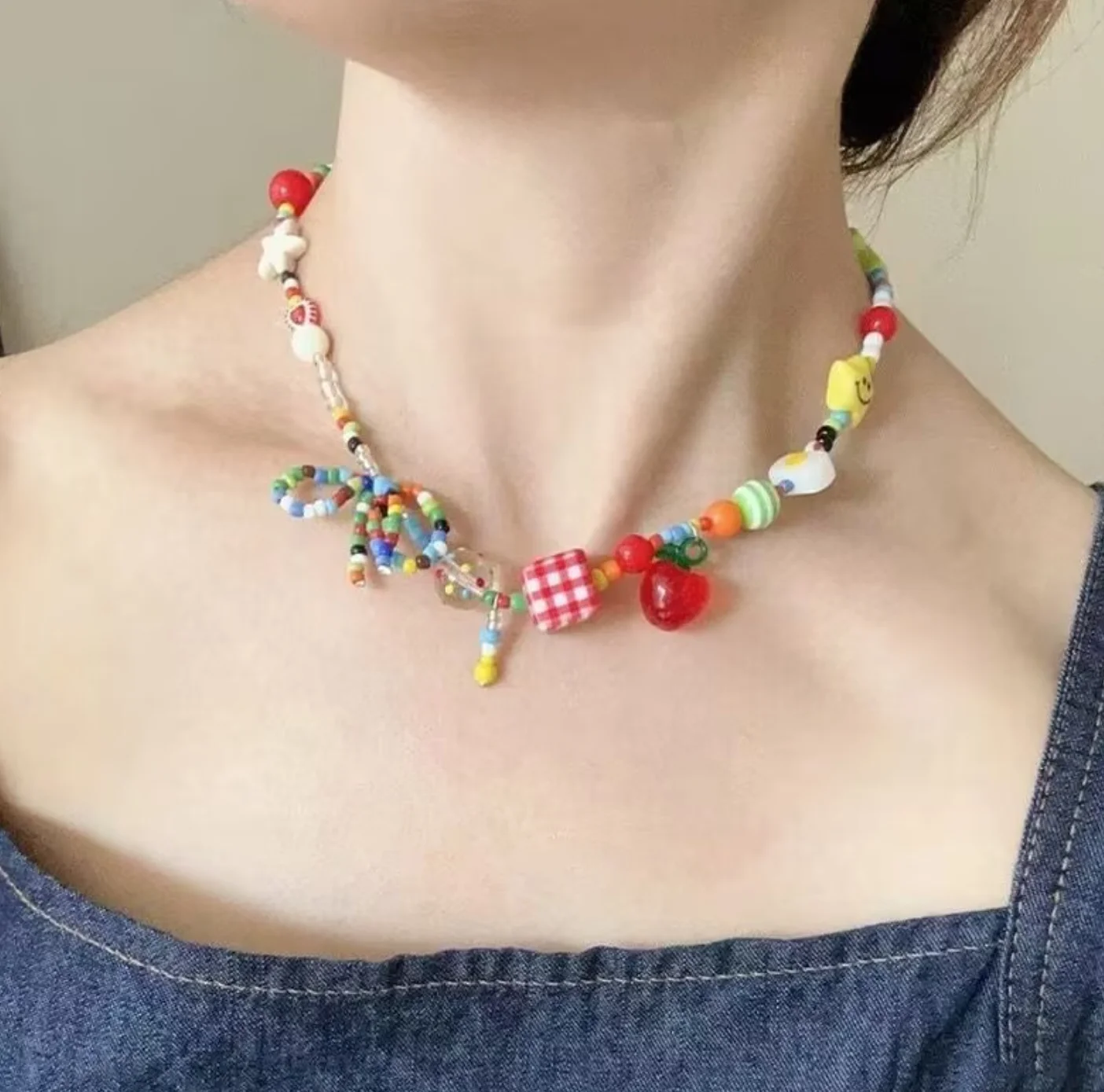 Trendy Colorful  Sweet Cool Y2k Bead Choker Necklace for Women Girls Fun Cute Beaded Necklace Party Jewelry Gift