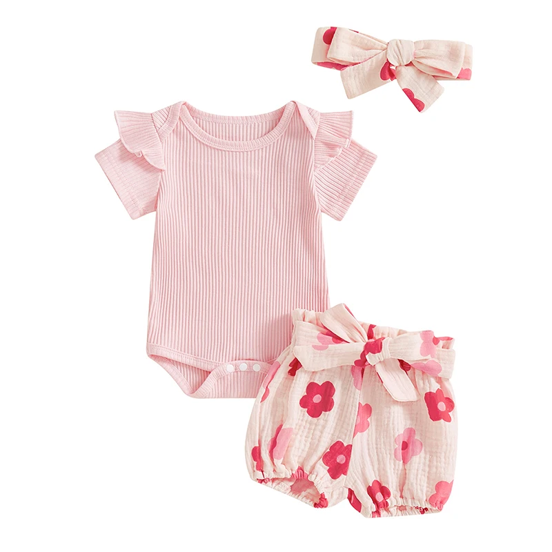 유아용 반팔 롬퍼, 넥타이 프론트 반바지, 머리띠 세트, 유아복, 여아 여름 복장