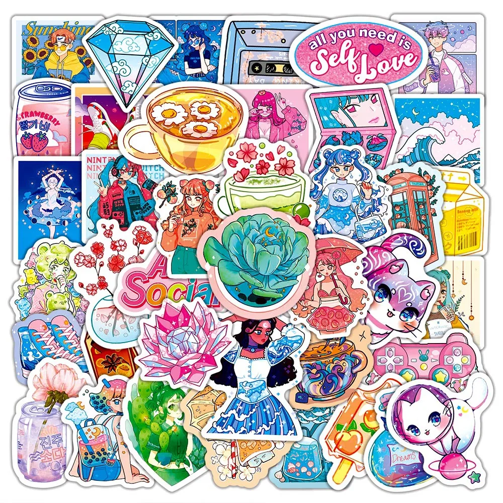 

50 шт. милых наклеек в стиле K-pop INS для девочек, эстетичные стикеры для ноутбуков, скрапбуков, телефонов, граффити, детские игрушки