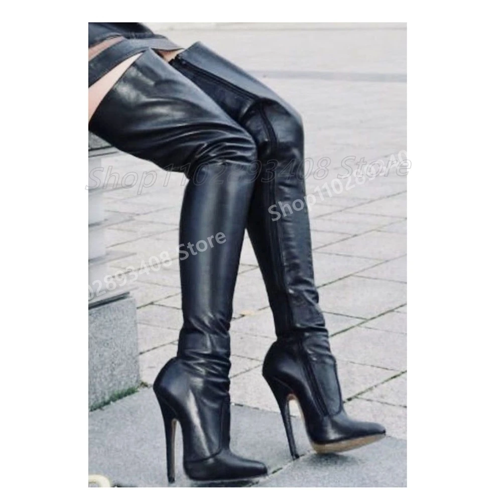 

Black Pointy Side Zipper Long Boots Stiletto High Heel Matte Leather Concise Fashion Sexy Women Shoes 2025 Autumn Para Mujere