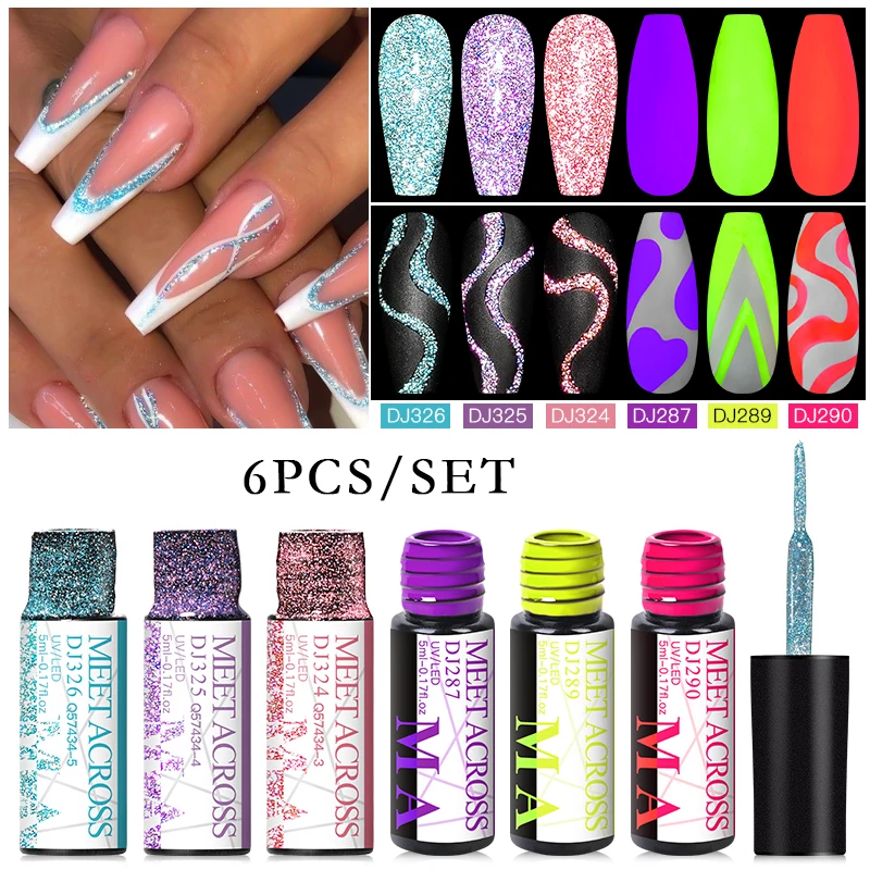 MEET ACROSS 6 stks/set Reflecterende Glitter Lijn Gel Nagellak Metallic Spiegel Nail Art Liner UV Gel DIY Schilderij Tekening Vernis