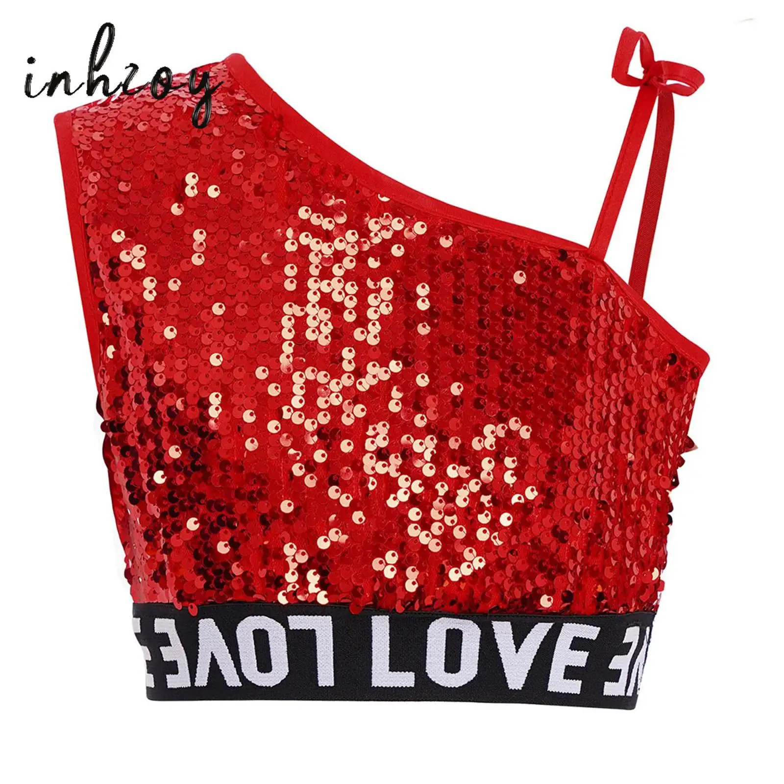 

Kids Girls Hip-Hop Jazz Dance Top One Shoulder Lace-up Sleeveless Shiny Sequins Vest Letter Printed Hem Tank Crop Top Streetwear