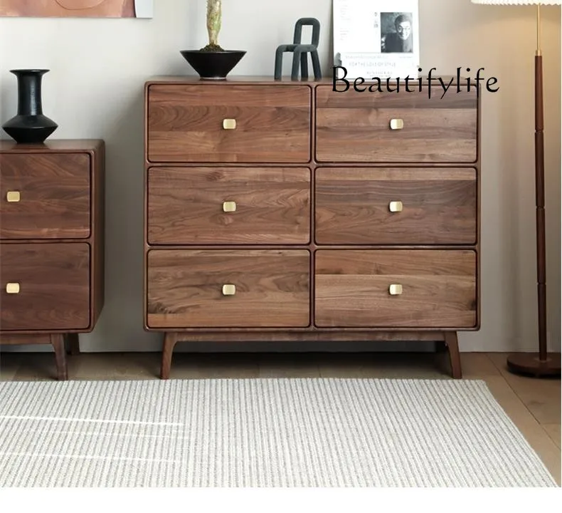 

Retro Style Black Walnut Wooden Chests of Drawers Nordic Minimalism Bedroom Storage Cabinet Light Luxury Home Living Room Locker