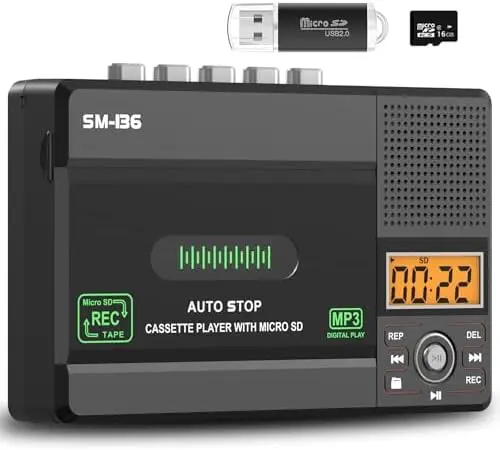 

Compact Cassette to MP3 Converter with USB-C, SD Card, Mic Recording & 16GB Card Included