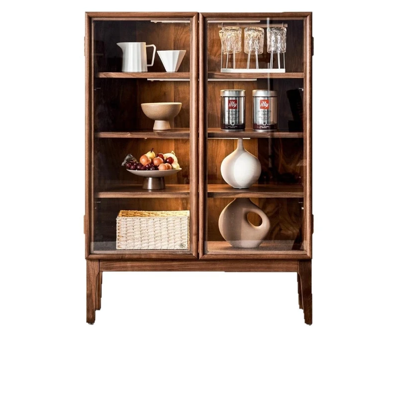 

North American black walnut side cabinet glass tea set storage floor-to-ceiling display cabinet