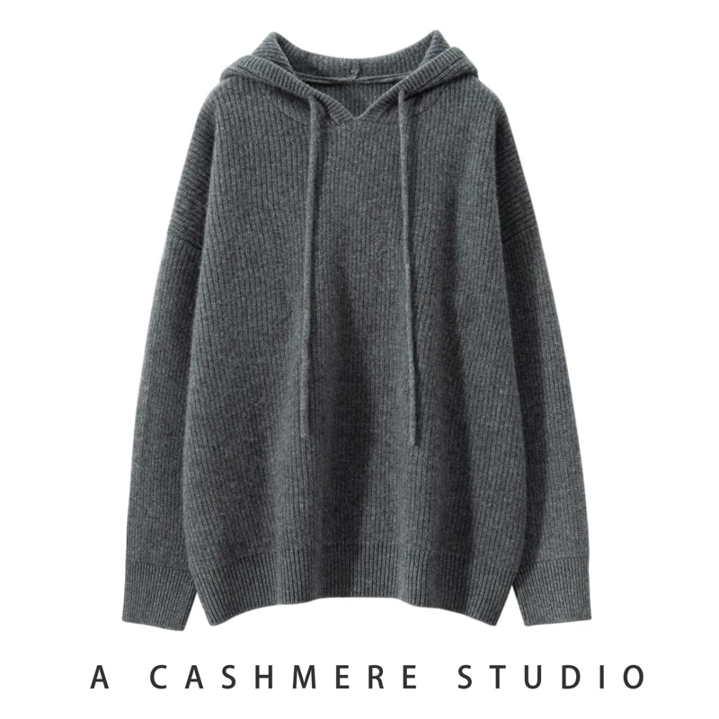 2023 Winter New 100% Pure Cashmere Sweater Women Knitted Hooded Pullovers Loose Lady\'s Grade Up Long Sleeve Thicken Warm Tops