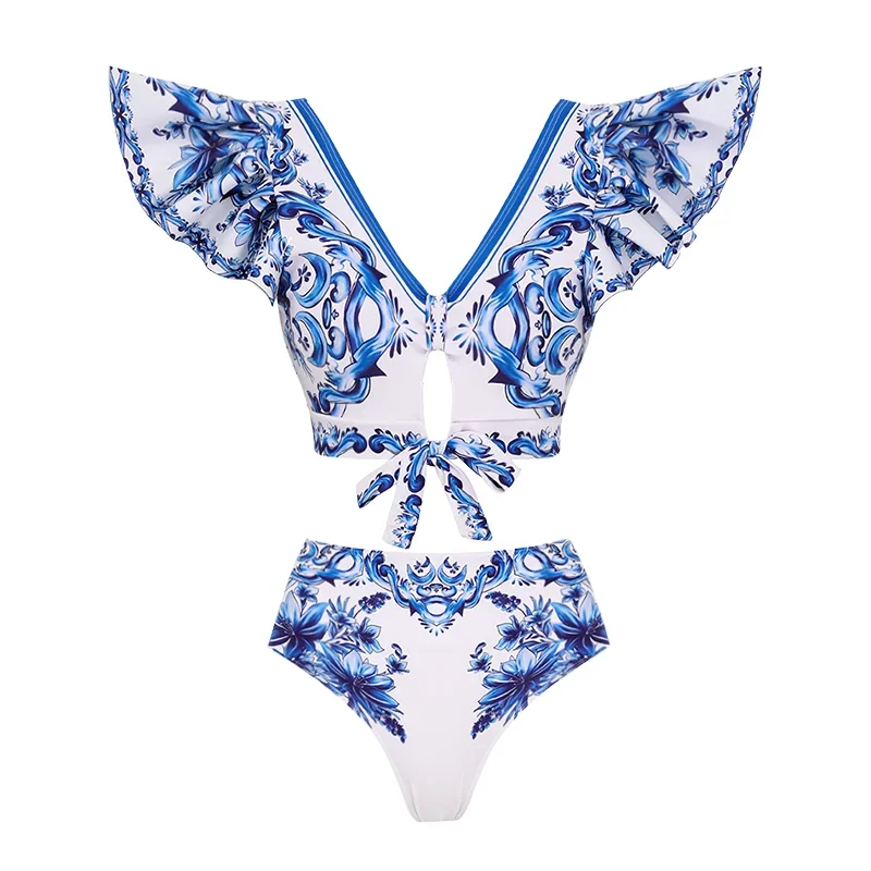 Bow Decor Majolica Print Jednoczęściowy strój kąpielowy Seksowny strój kąpielowy bikini Stroje kąpielowe push up