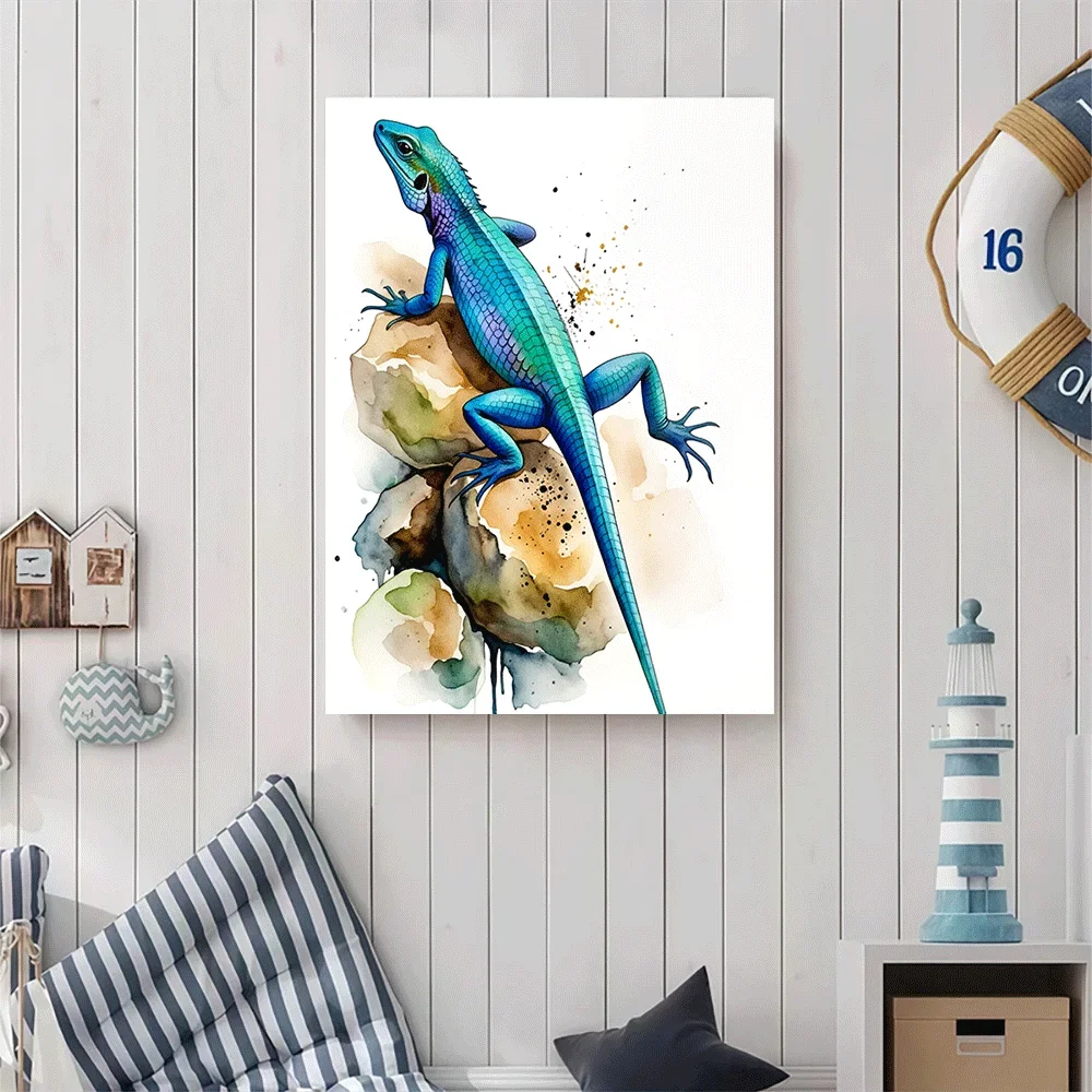 1pc frameless Canvas Painting 1PC-Unframed Canvas poster wall decoration  Blue Iguana Watercolor Art Print Animal Nature Poster