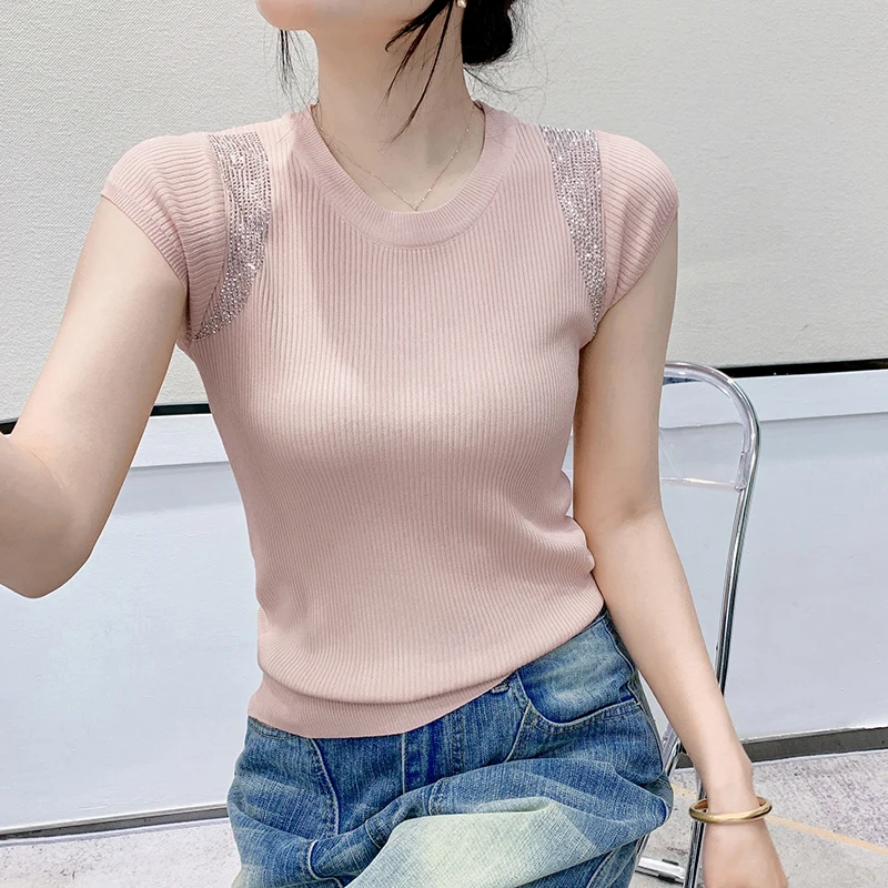 

2025,New,Summer,European,Clothes,Knitted,T-Shirt,Women,Fashion,Sexy,O-Neck,Shiny,Diamonds,Tops,Short Sleeve,Elastic,Tees,53133