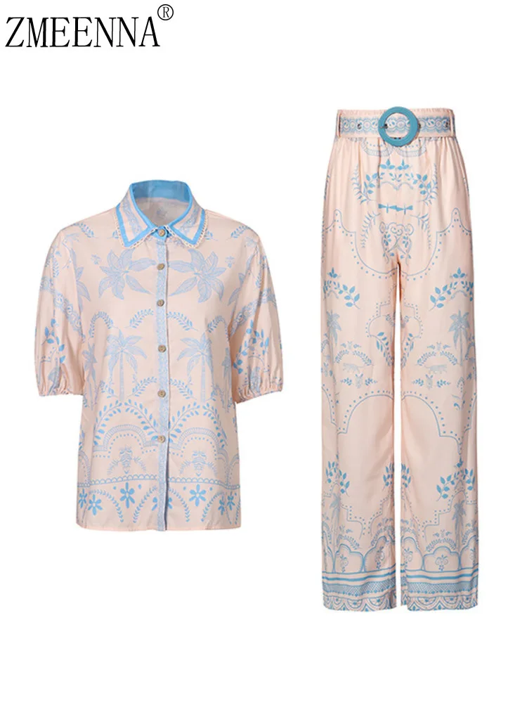

ZMEENNA Женский комплект из двух предметов с принтом, рубашка на пуговицах с короткими рукавами и широкие брюки, повседневная одежда в винтажном стиле ZM3971