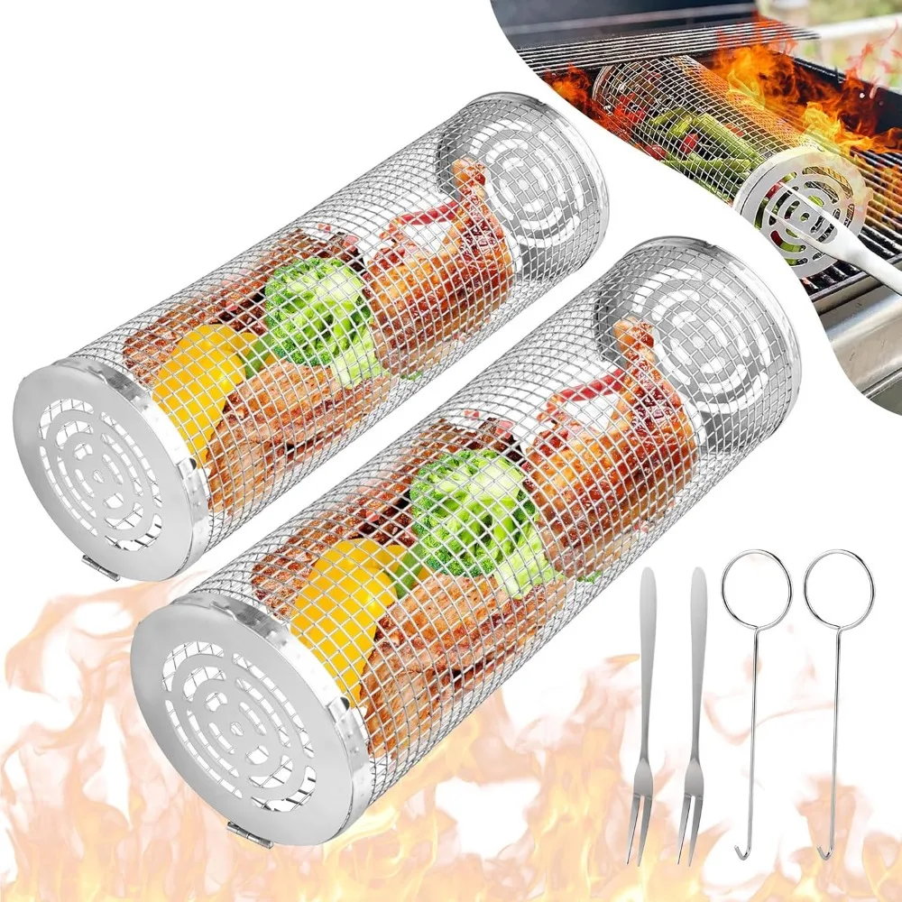 

2 Pcs Set of One Large and One Small Rolling Barbecue Basket, Stainless Steel Large Circular Barbecue Basket with Hook and Fork