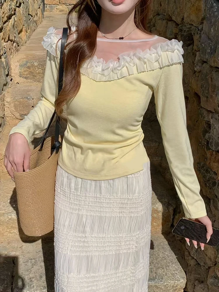 Belle fleur tridimensionnelle maille épissage à manches longues tricoté chemise Base haut polyvalent T-shirt pour les femmes