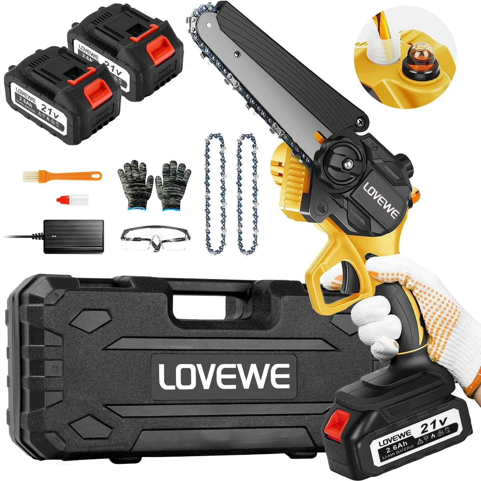 Mini Chainsaw Cordless, 6 Inch Automatic Chain Tensioning & Auto Oiler for Tree Branches, Courtyard, Household, and Garden