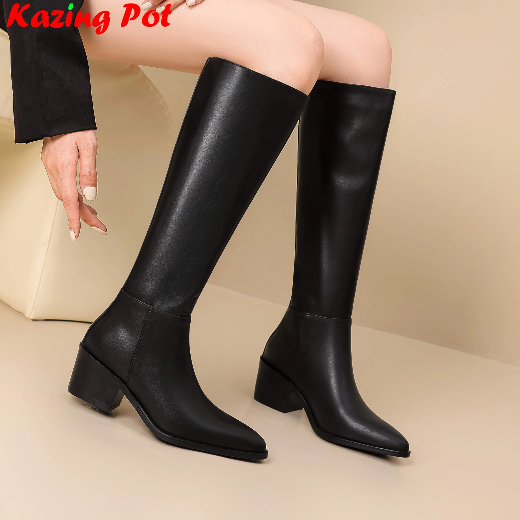 

Plus Size 33-46 Cow Leather Pointed Toe High Heels Riding Boots Warm Autumn Winter Shoes Concise Luxury Women Knee-high Boots