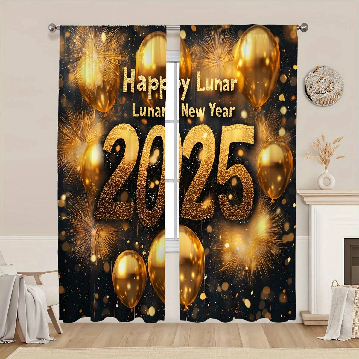 2pcs Classic Happy New Year Fireworks Balloon Clock Digital Floral Printed Curtains for Living Room Bedroom Study Dining Room