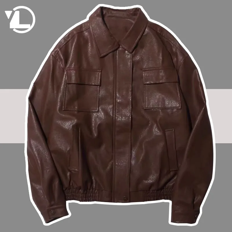 

Loose Leather Jacket Men Women Retro American Style Bomber Outwear High Street Motorcycle Loose Pu Jackets New Spring Autumn