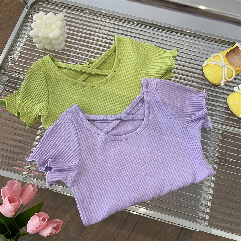 Girls Fashion Cross Back Short Sleeve T-shirt 2024 Summer New Korean Children's Solid Color Versatile Slim  Top Tee