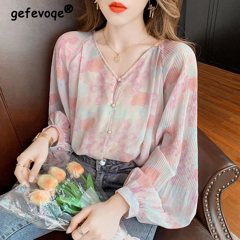 Floral Print V Neck Sweet Chic Pleated Street Button Shirts Casual Loose Long Sleeve Top Blouse Women Blusas Mujer De Moda 2023