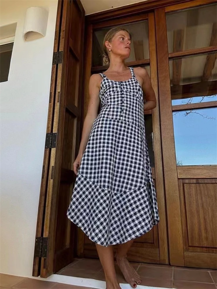 Neue 2024 Sommer Frauen süßes Mädchen Plaid Maxi kleid ärmellose A-Linie locker sitzen elegante High Street Chic atember aubende Modedesign