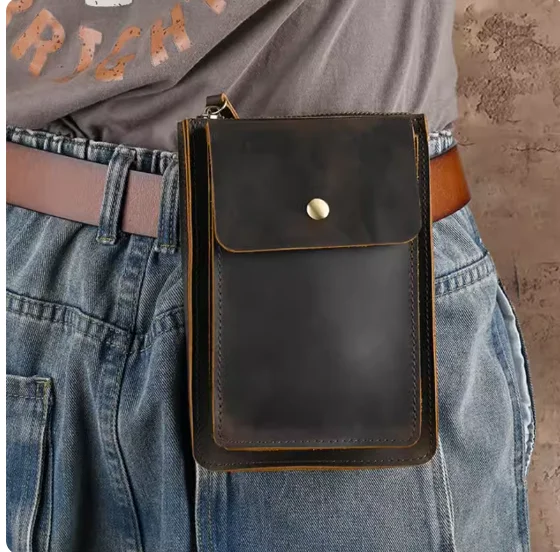 Retro Mad  Leather Fanny Pack Genuine Top Layer Cowhide Multi-Functional Waist Bag Crossbody Phone Bag for Young Men