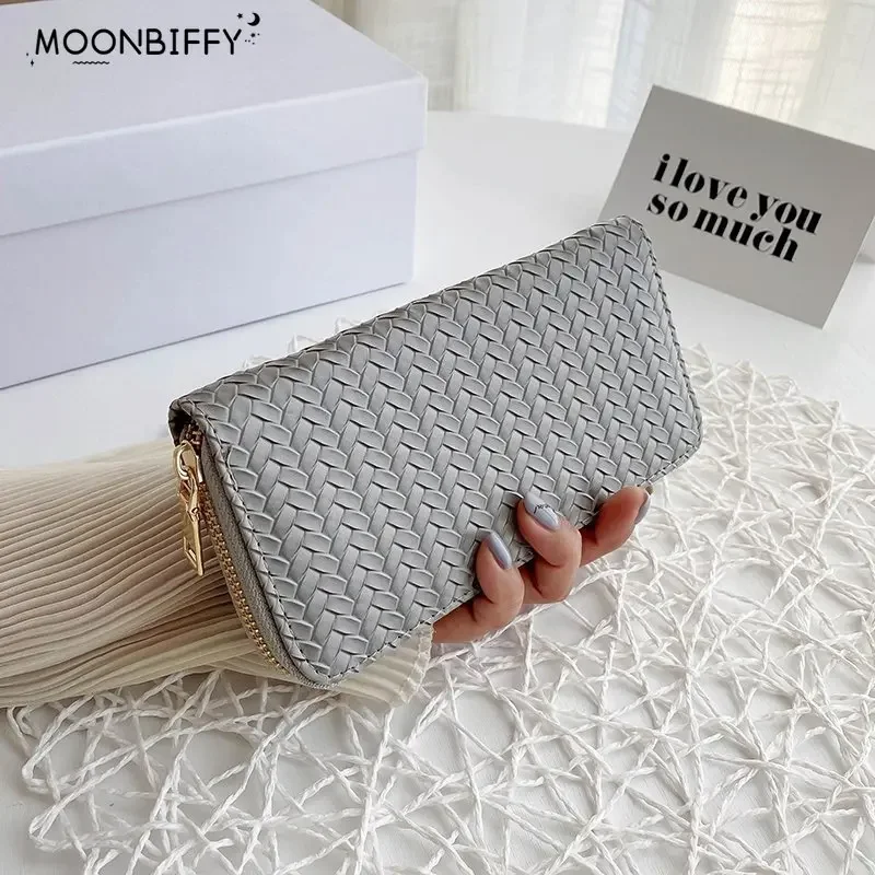 

2024 Women Weave Wallet Leather Wrist Handle Phone Case Long Section Money Pocket Pouch Handbag Women Purse Card Holder Wallet