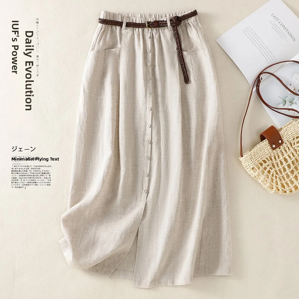 Artistic Large Size Half Skirt with Belt for Women Summer Vintage Split Versatile Midi Skirt Loose Fit Casual Ladies Skirt