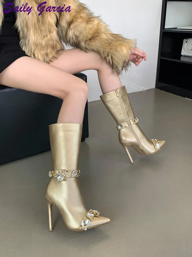 

Sexy Crystal Pointed Stiletto Boots Solid Slim Mid-calf Boots Side Zipper New 2025 Elegant Women's Fashion Rhinestone Shoes