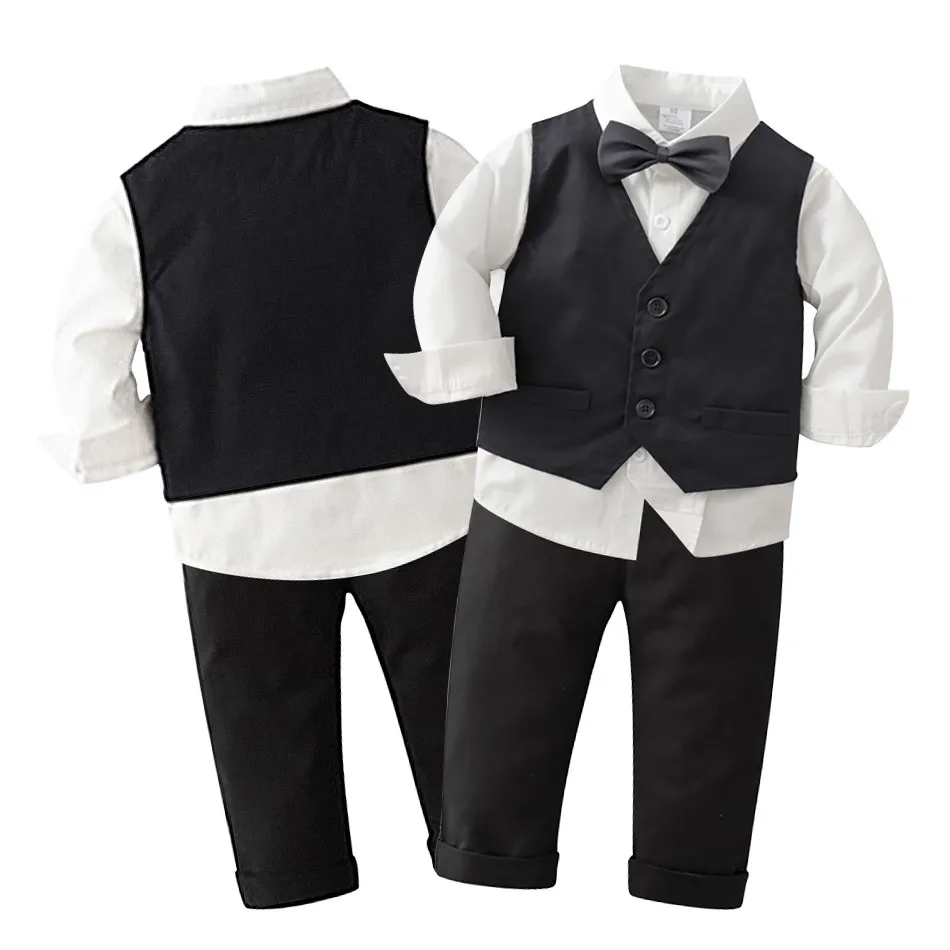 Boys' Spring And Autumn Gentlemen's Backband Pants Suit Set Boys' English Style Suit Three Piece Set