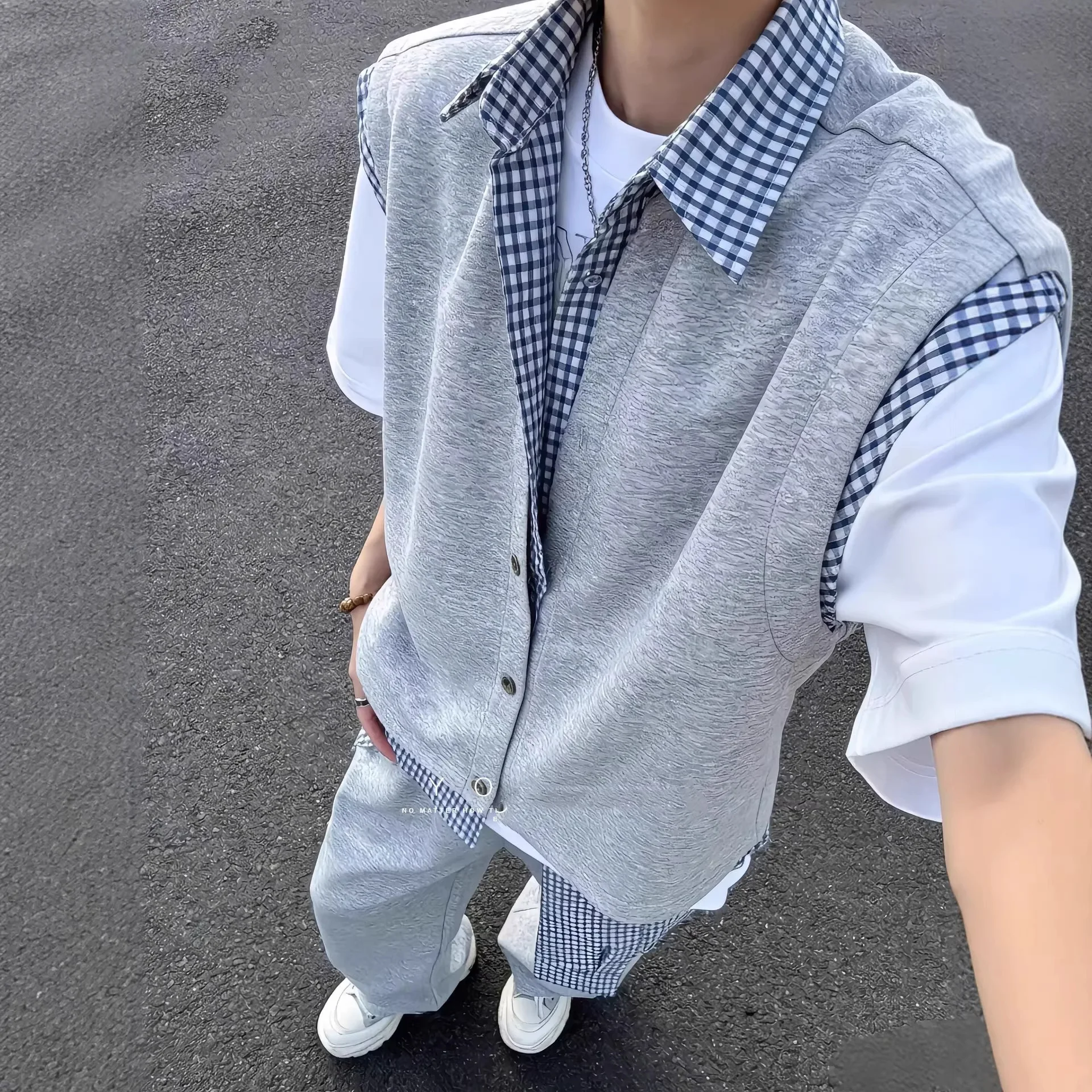 

Fake Two-piece Sleeveless Shirt Vest Men's Summer Design Jacket Plaid Splicing Cardigan Vest