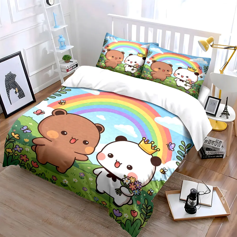 Cute panda and bear under rainbow Print Soft Comfortable Duvet Cover Bedding Set Included 1*Duvet Cover 2*Pillowcases