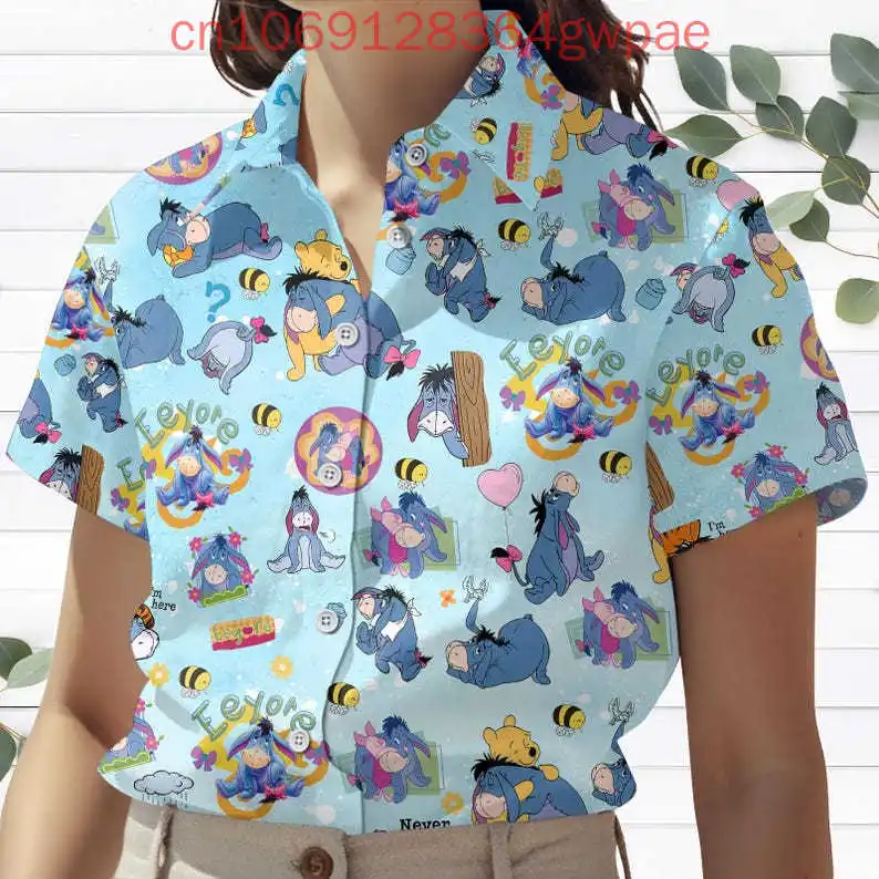 Disney Winnie the Pooh Eeyore Camicette casual a maniche corte da donna Camicia da spiaggia per le vacanze Camicia hawaiana Camicia elegante da donna Hawaii