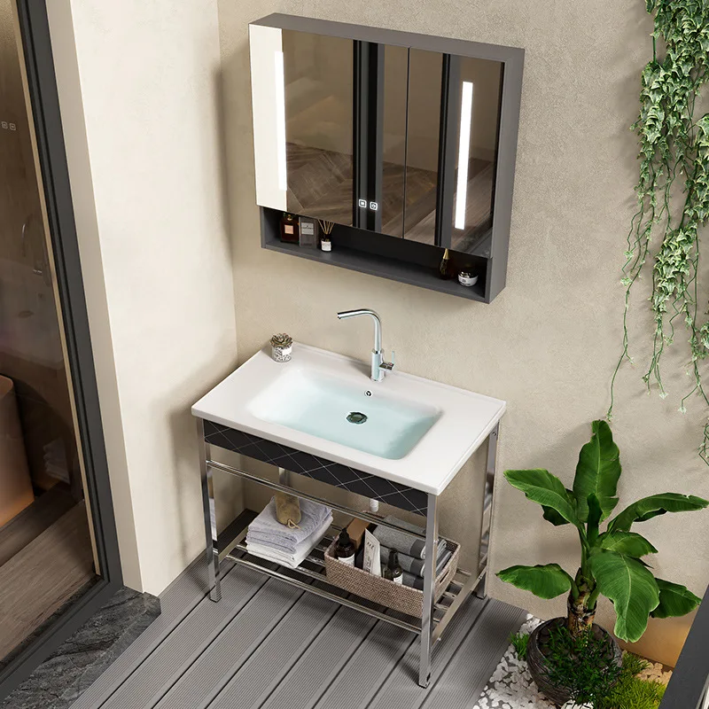 

Balcony floor-to-ceiling wash basin stainless steel bracket, bathroom hand wash basin integrated ceramic small apartment modern