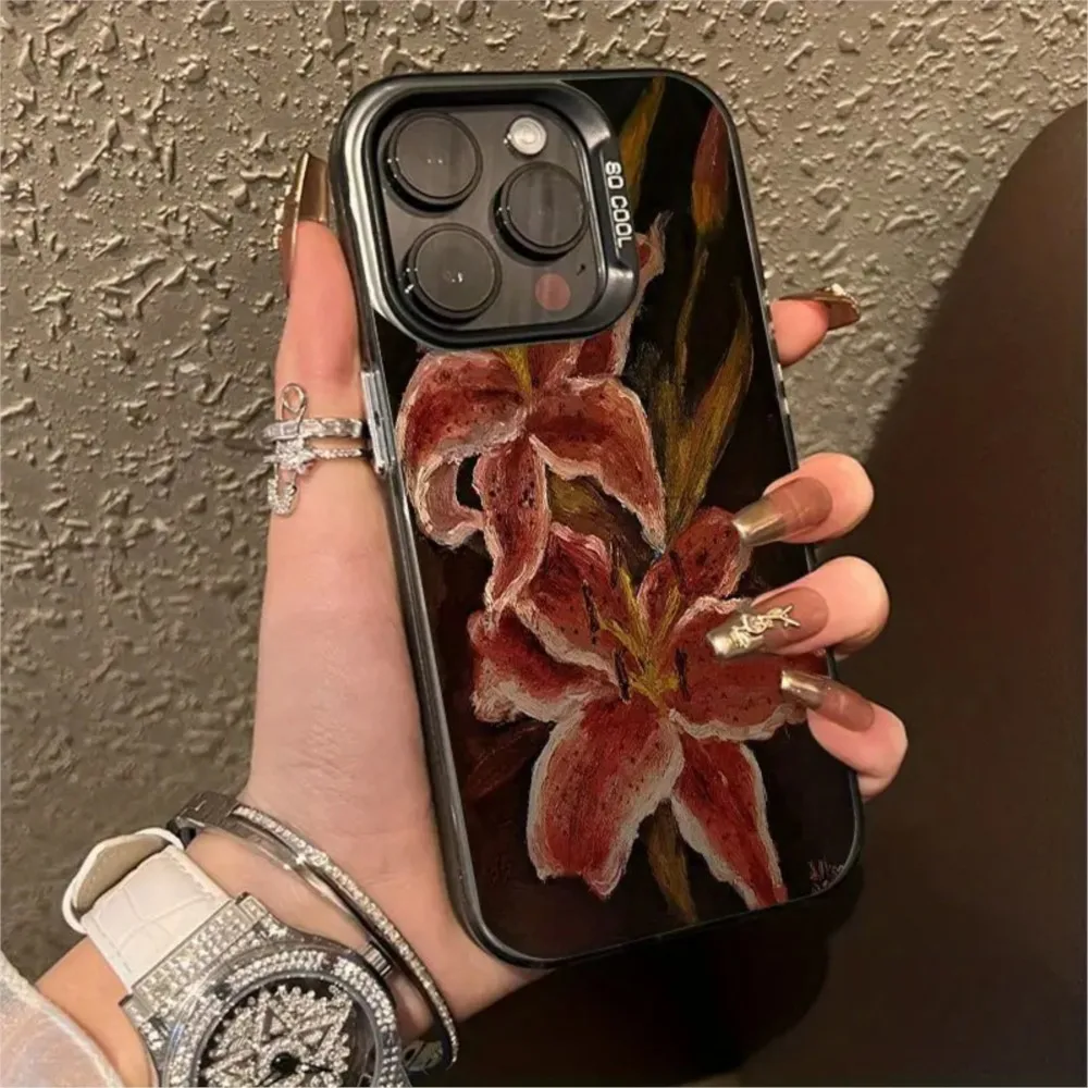 Painting Lily Flower Phone Case For iPhone 17 Air 16 15 14 13 12 11 Pro Max 7 8 Plus Black Hard Cover - náhled 3