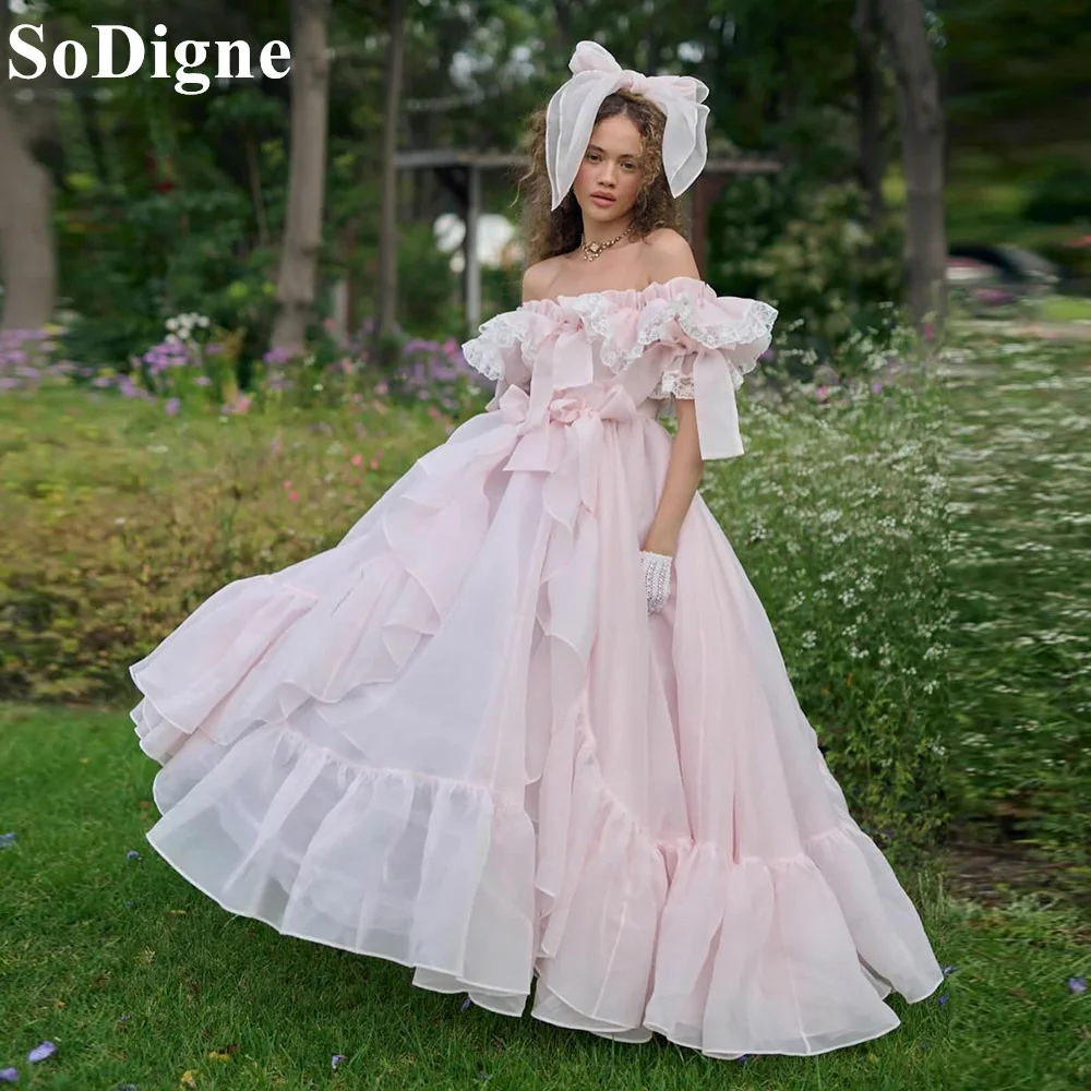 SoDigne Elegant Silk Organza Prom Dresses Ruffles A-Line Puff Sleeves Carriage Gown Princess 2024 Formal Evening Gowns for Women