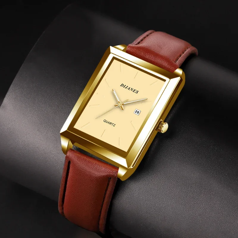 New Casual Leather Men\'s Watches Square Quartz Watch Korean Version of The Student Watch Calendar Watch Men Relojes De Hombre