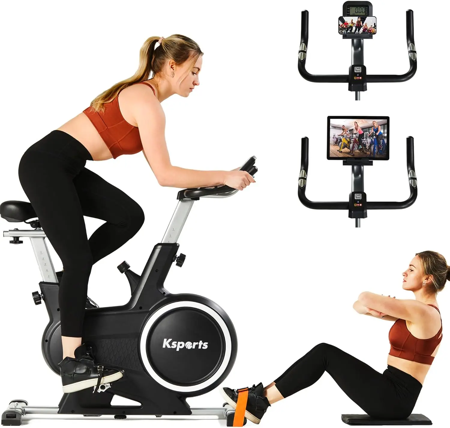 

Home Magnetic Resistance Adjustable Cardio Exercise Stationary Bike for Home Gyms with LCD Screen, Straps, and Ab Mat, Black