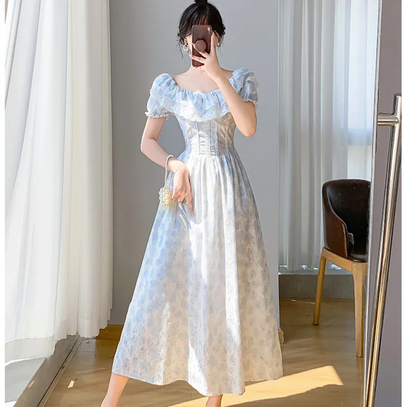 French Court Style Retro Dresses Women Puff Sleeves Cute Ruffle Square Neck Elegant Party Dress Kawaii Blue Print Sweet Vestidos - AliExpress 200000345 French Court Style Retro Dresses Women Puff Sleeves Cute Ruffle Square Neck Elegant Party Dress Kawaii Blue Print Sweet Vestidos - AliExpress 200000345