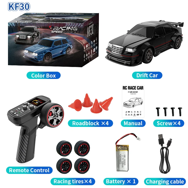 KF30 1:43 4WD RC auto met gyroscoop en dubbel motorsysteem 2.4G volledig proportionele RC hoge snelheid racewagen LED-verlichting speelgoed geschenken