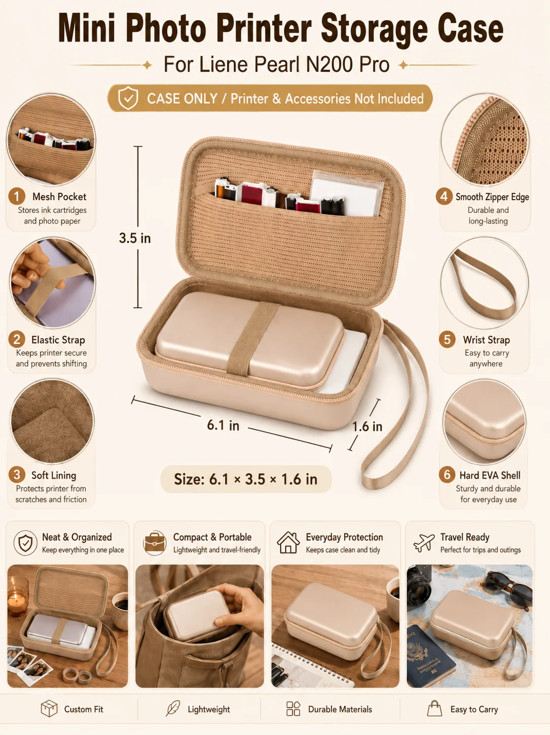 Fotodruckertasche für Liene Pearl N200 Pro, Harte EVA-Reisetasche mit Netzfach, Elastischen Riemen, Nur Tasche, Goldfarben – Detail 1