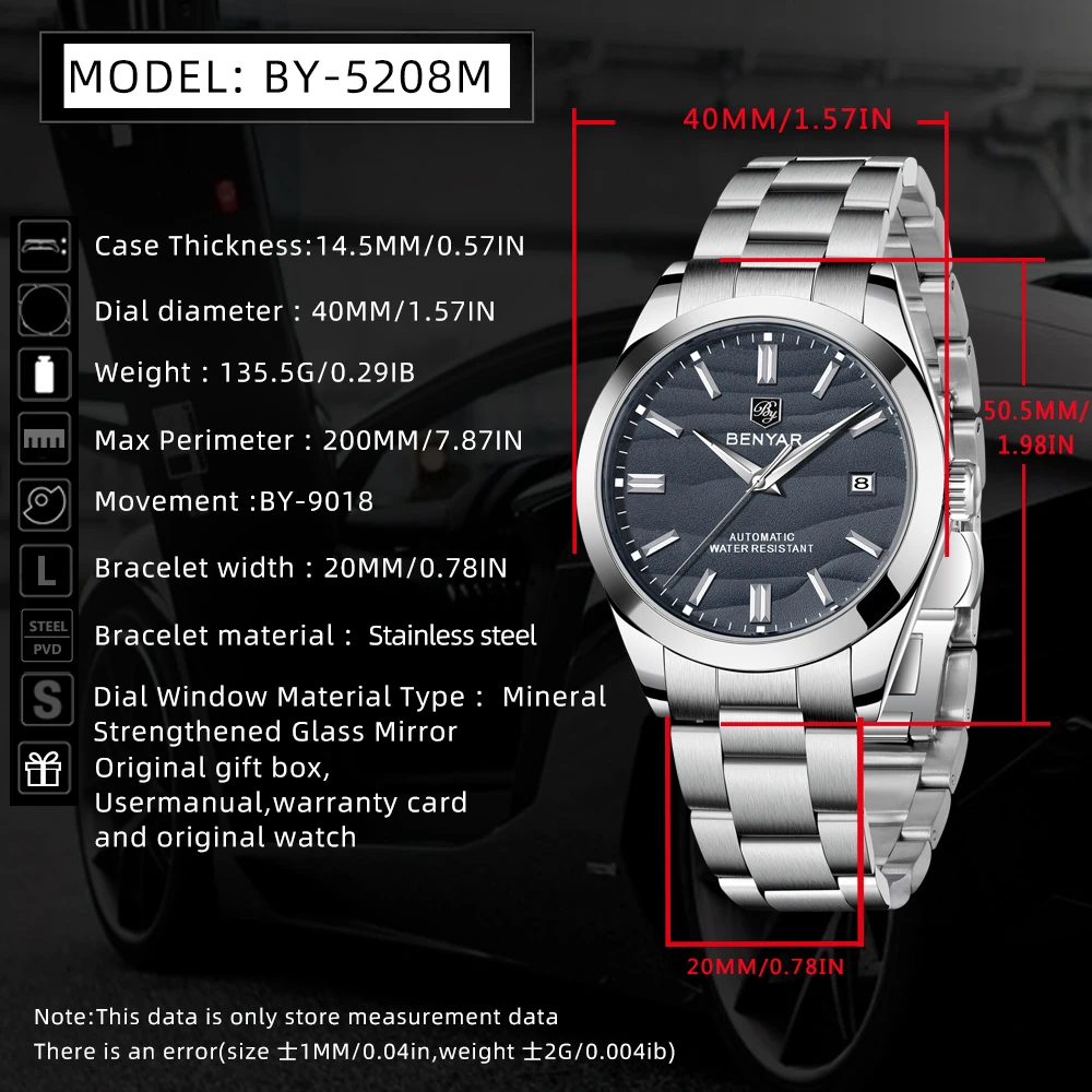 2024 New BENYAR 40MM Men Mechanical Wristwatches 50M Waterproof Automatic Diving Watches Luxurys Stainless Steel Watch for Men