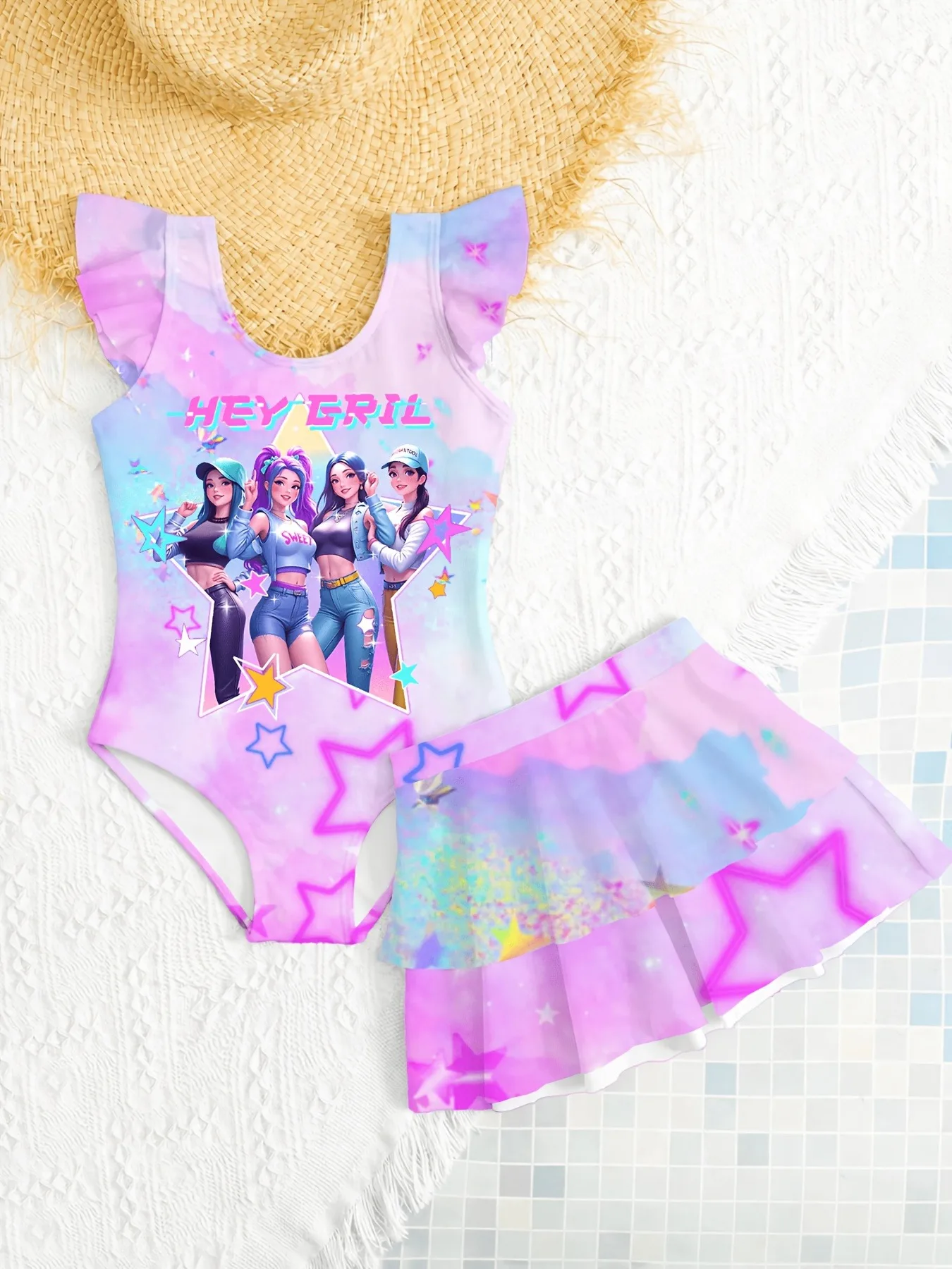 Trendiger 2-teiliger Kawaii-Cartoon-Badeanzug für Mädchen, einteiliger Bikini mit flatternden Ärmeln in Pastell-Regenbogen-Ombre-Optik, zweilagiger Badeanzug mit 4 Idol-Girl-Grafiken – Detail 1