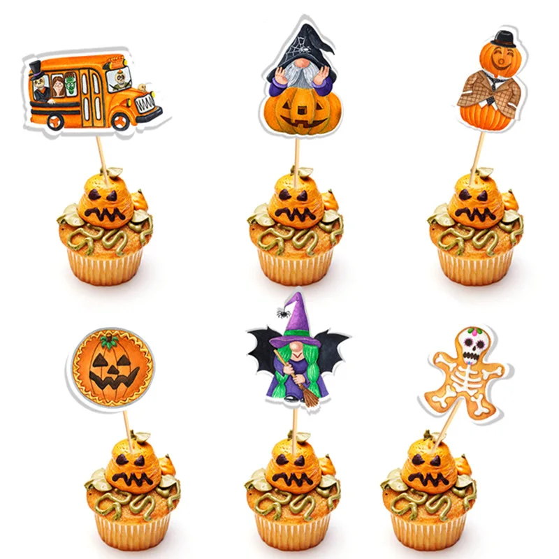 16pcs Halloween Cupcake Toppers Pumpkin Ghost Cake Flags Dessert Cake Decorations Halloween Birthday Horror Party Supplies