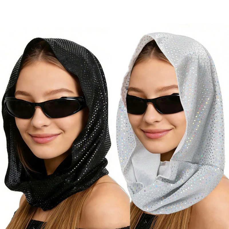 

European Sparkly Sequin Hooded Costume Pollover Hats for Women Men Glitter Head Scarf Rave Hood Accessories Party Daily Wear