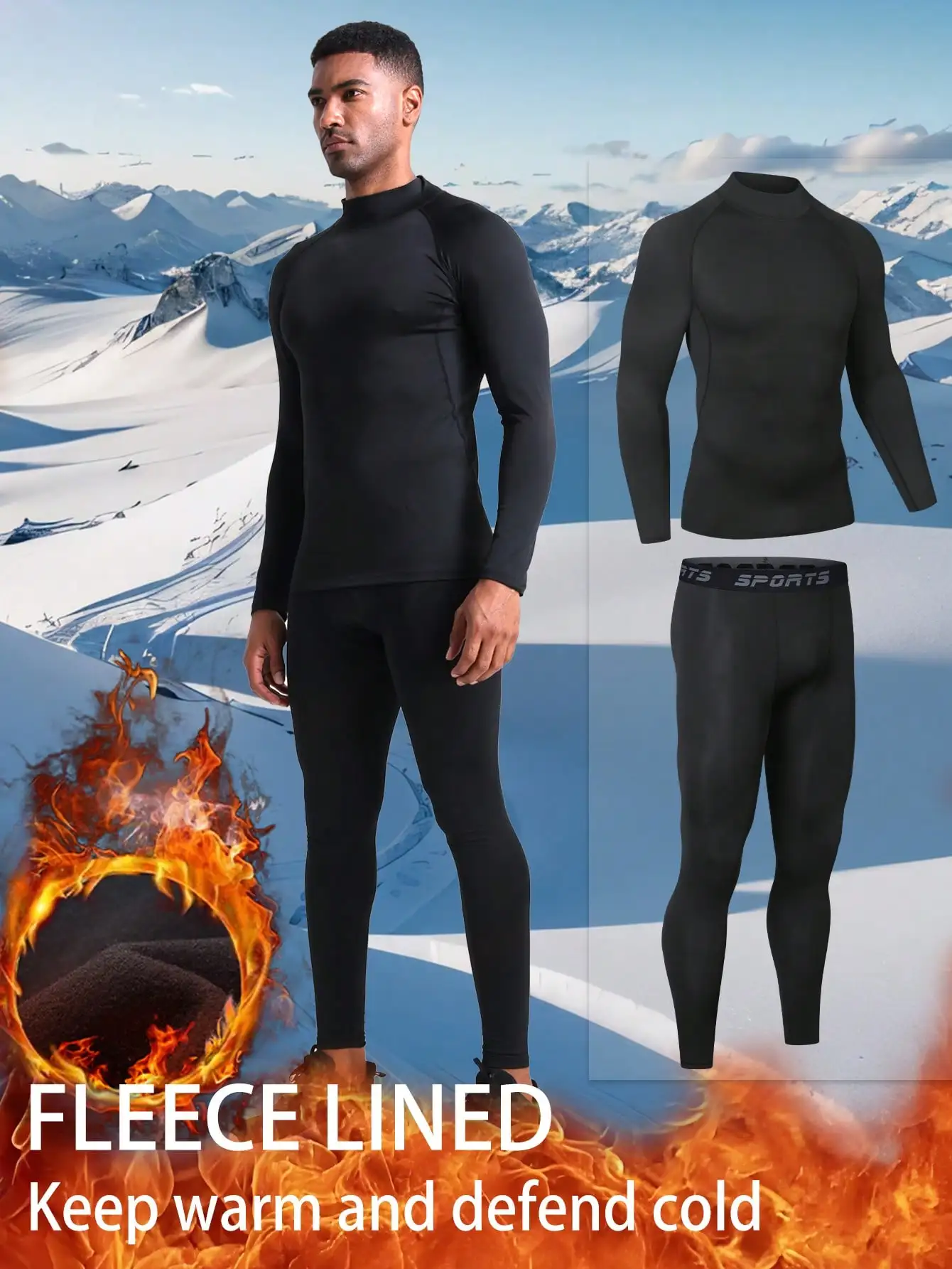 

Men's High-Neck Fleece-Lined Thermal Base Layer Set for Cold Weather