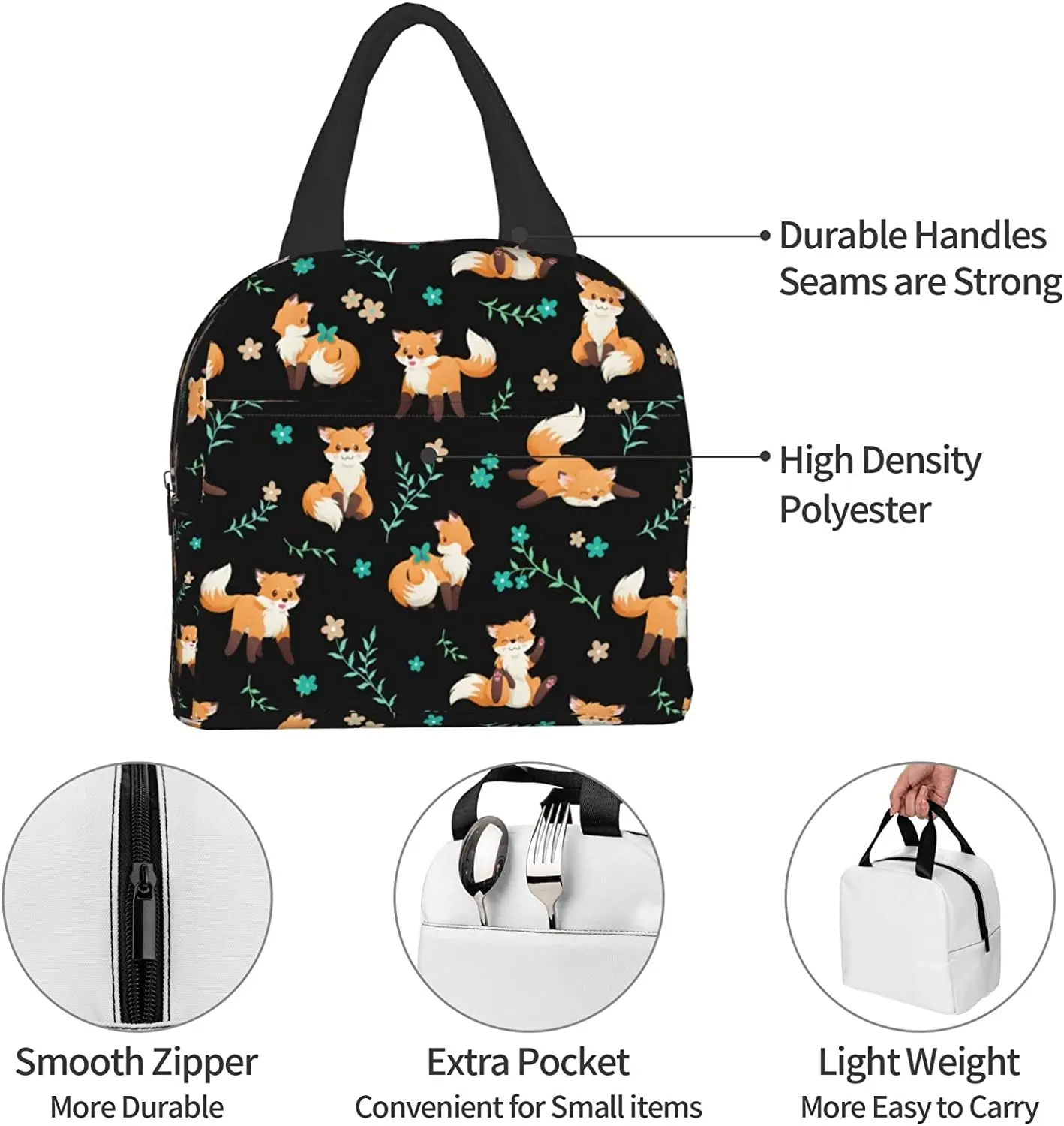 Fox Lunch Bag for Women Men Insulated Lunch Box Washable Lunch Container Cooler Tote Bag Reusable Lunch Box for Work Picnic