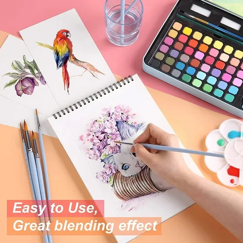 Imagen 2 del producto Pintura de acuarela, 48 colores, pintura de Color agua sólido con pincel y kit de dibujo de papel, suministros de arte para artistas principiantes